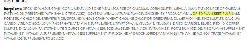 Dog food label showing dried plain beet pulp instead of powdered cellulose