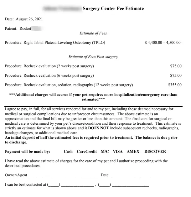 TPLO surgery cost - estimate from veterinary surgical center