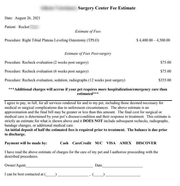 TPLO surgery cost - estimate from veterinary surgical center