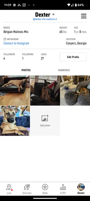 Fi App - Dexters profile page